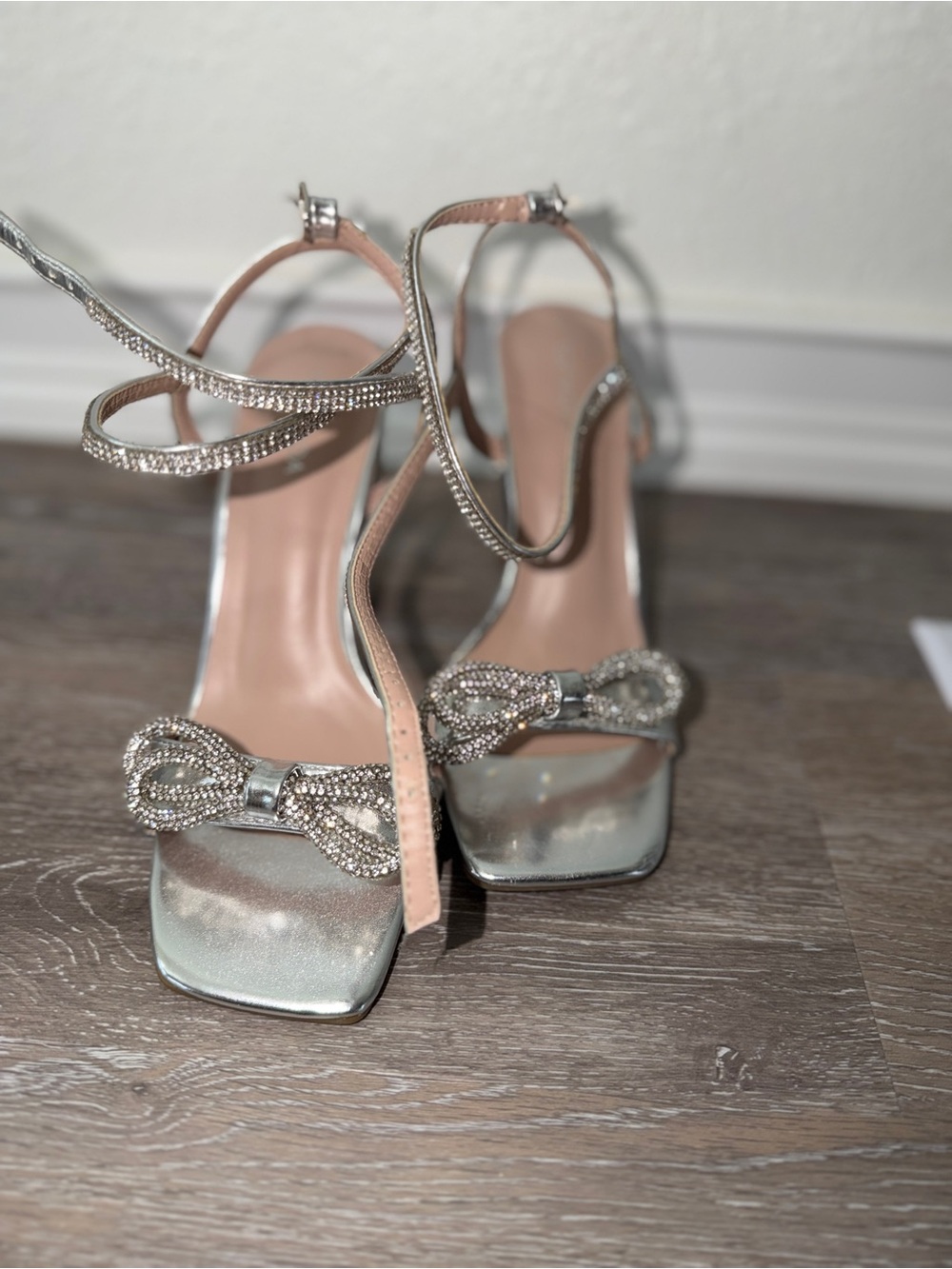 Women's Silver Embellished Bow Strap Heels